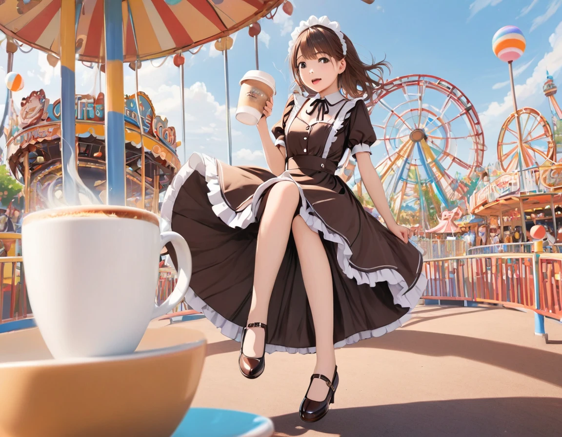 Brown maid outfit,Strap Pumps,Low heels,One Girl, Alone,amusement park,((Ride on the coffee cup,It's spinning a lot))