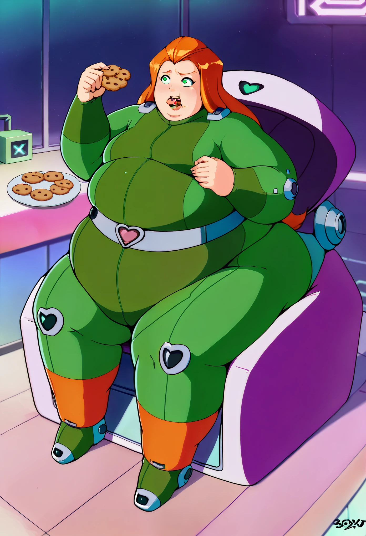 score_9, score_8_up, score_7_up, score_6_up, score_5_up, score_4_up, BREAK source_anime, 1girl, sam \(totally spies\), orange hair, long hair, green eyes, green bodysuit, belt, fall, passion cookies, boxs of cookies, eating cookies, cookie crumbles, fat, chubby, obese, full body shot, sitting down, feeding tube, gigantic arms and legs 