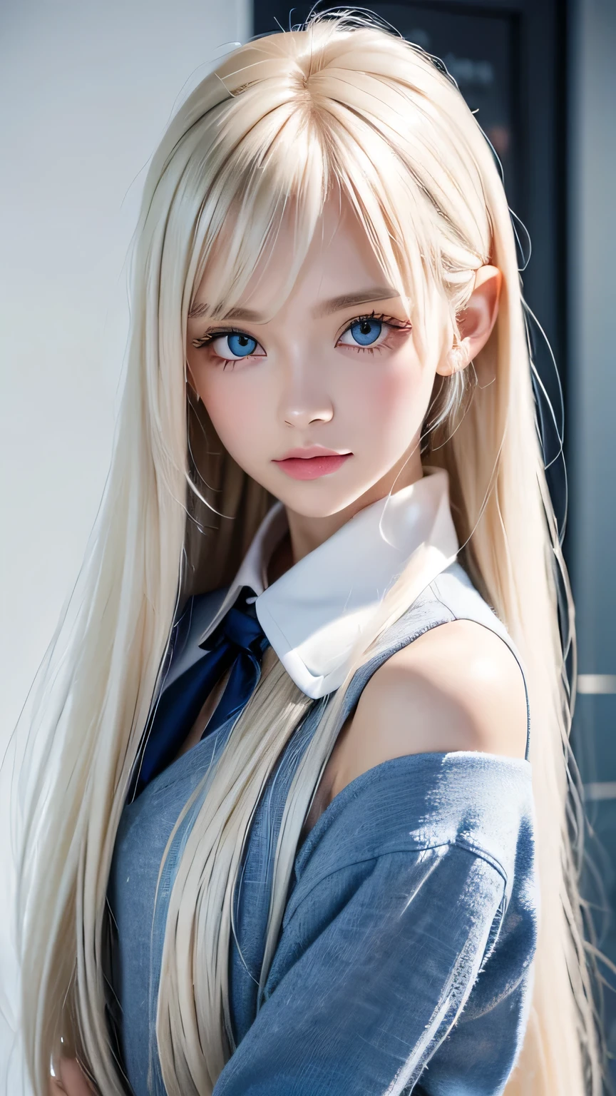 platinum blonde hair is super long, straight, stringy hair、Polate、School uniform、Bright expression、 ponytail、 young, white and shiny skin 、Great looks、Shiny bright hair、Shiny, beautiful bangs、double eyelid、Eyeliner、 clear, big blue eyes ,It shines with enchanting light 、Small Face、 very nice cute cute 18 year old Eastern European girl 、 big bust