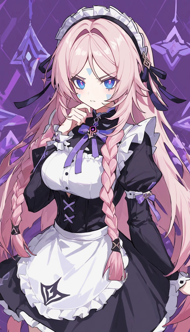 citlali ,シトラリ(genshin impact),1girl,cowboy shot,scowl,(hand on own chin),Gothic Maid,pink hair, parted bangs, very long hair, hair down,braids,(facial Mark), blue eyes,(pink pupils),Genshin Impact Style, AddXL,beautiful detailed, hyper detail, masterpiece, best quality, bright,citlali,purple Geometric background