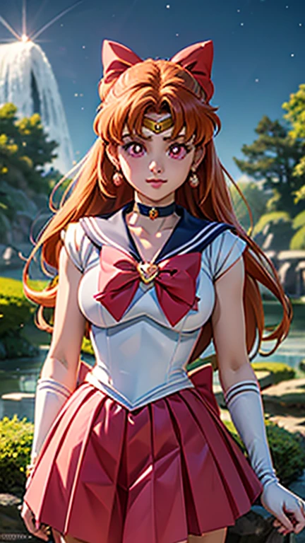 (1girl, Alone, Blossom), (extremely detailed CG unit 8k wallpaper),(master part), (best quality), (ultra detail), (best illustration),(Sailor Moon Cosmos Movie Style), cowboy shot, facing viewer, (Sharp eyeliner, ombre, detailed eyes:1), japanese garden, outdoors background, ,break,  (sailor senshi uniform), upper body, orange hair,long hair, blunt bangs, pink eyes, hair bow, red bow, red skirt