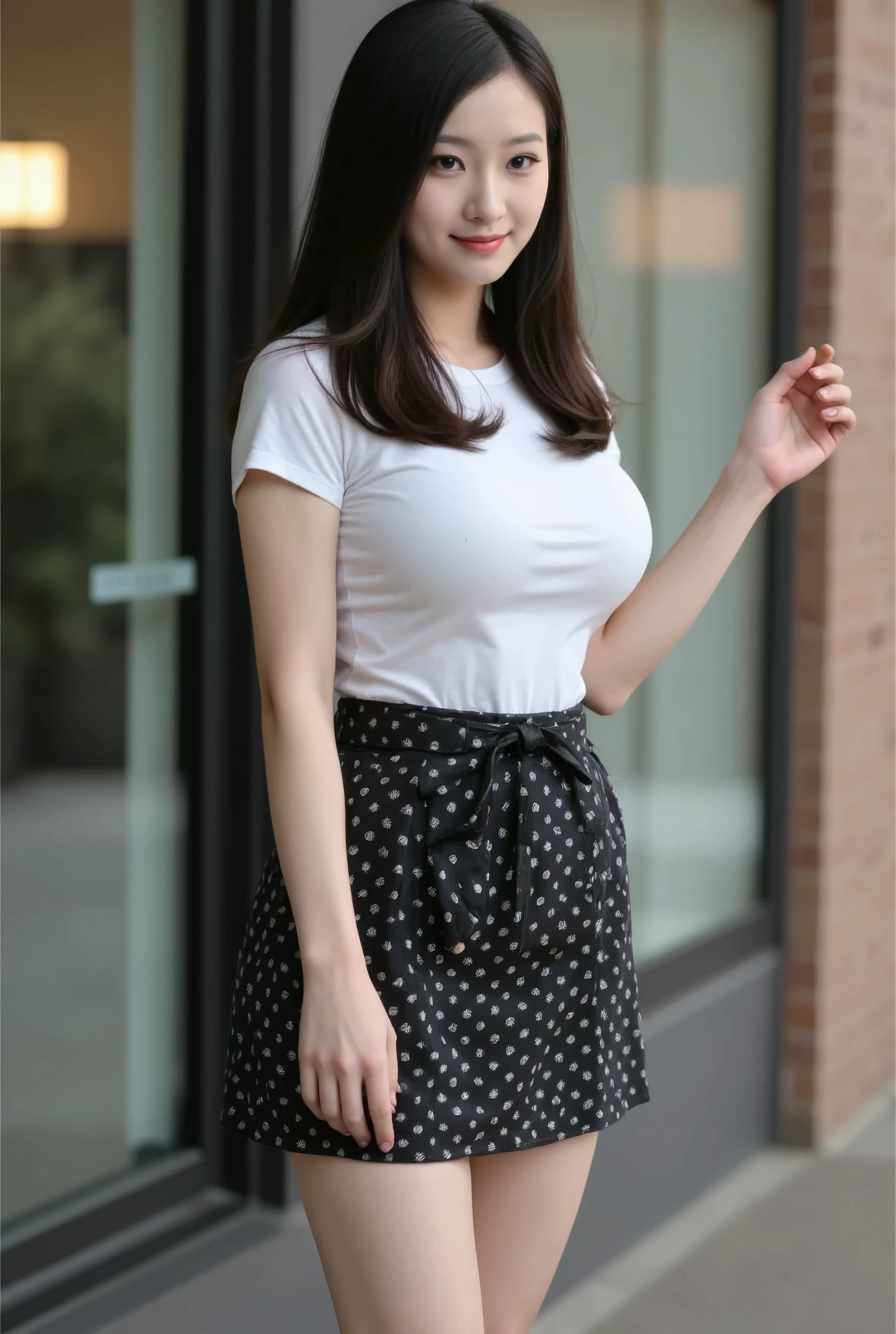 Full body photo of an Asian beauty, wearing a light white short sleeved T shirt and a black polka dot skirt ， black long hair curled up in the back, a sweet smile, delicate skin texture, natural makeup, professional photography, soft lighting, high definition, full body perspective, elegant posture, and a charming demeanor. The subject appears to be posing alone, in the described.