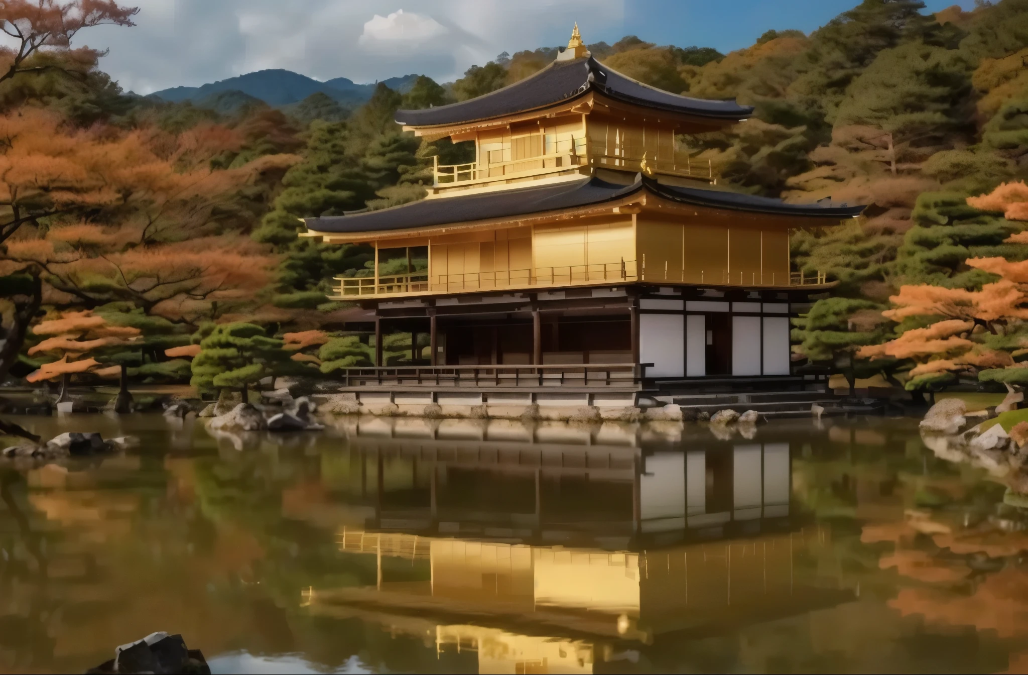 arafed view of a golden pagoda in a lake surrounded by trees, japanese temples, ancient japanese architecture, japanese temple, japan deeper travel exploration, japan sightseeing, kyoto, japanese architecture, kyoto japan setting, kyoto inspired, japan travel and tourism, japanese heritage, inspired by Sesshū Tōyō, japan travel and adventure