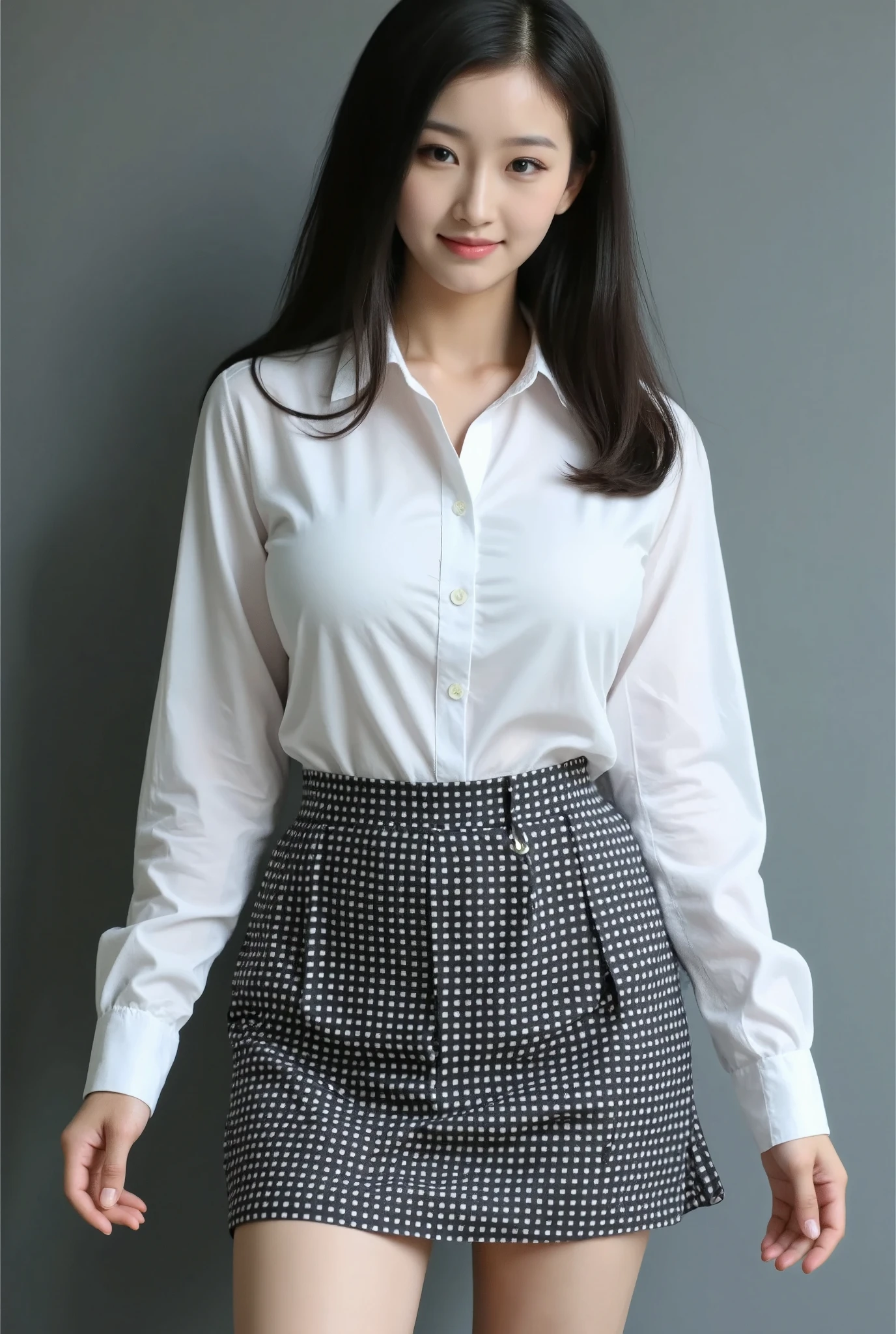 Full body photo of an Asian beauty, wearing Loose large white shirt and a black dot skirt ， black long hair curled up in the back, a sweet smile, delicate skin texture, natural makeup, professional photography, soft lighting, high definition, full body perspective, elegant posture, and a charming demeanor. The subject appears to be posing alone, in the described.