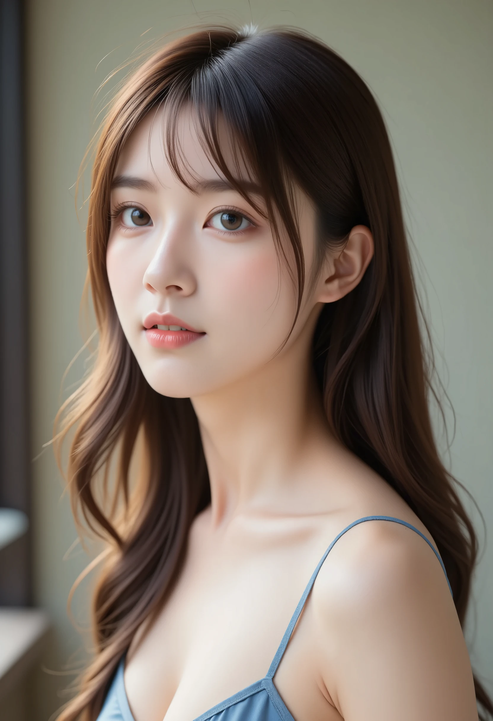 Masterpiece of the whole body, （Side Shot:1.6）、Japanese face、Blue underwear、looking at the camera、(8k、RAW Photos、Highest quality、masterpiece:1.2)、(Genuine、Realistic:1.4)、seed:12345、a slender young east-asian woman、Natural light、Photon Mapping、Radio City、Her hair is long and light brown with bangs,The bangs are lightly hanging on the forehead、Her hair is delicately curled on the sides and falls gently along her cheeks.、Eyes are large、Almond-shaped brown eyes、Long, thick eyelashes curl upwards、Natural pink lips、Plump shape、The nose is small and well-formed、The bridge of the nose is straight、Slightly thin and elegant. Small and sharp jaw.、The face is oval and well-balanced、The expression is a modest smile、The whole body is shown