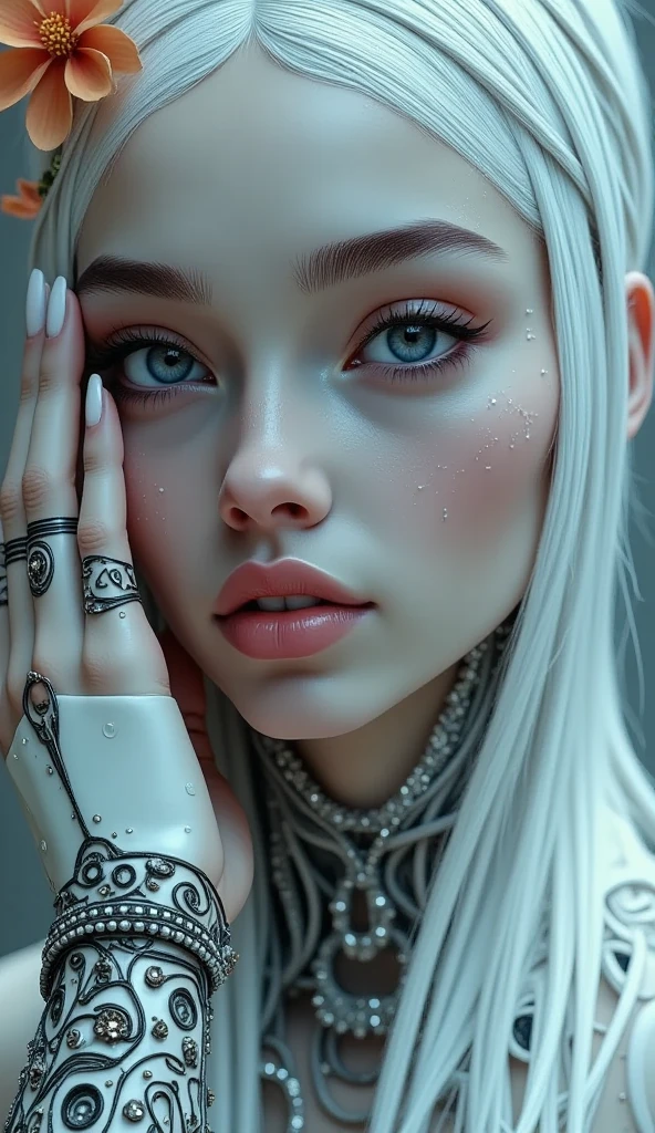 (white android with super beautiful female body, afro hair, robot face, flowers, symmetry, perfect face, intricate, elegant, highly detailed, digital painting, artstation, concept art, smooth, sharp focus, illustration, art by artgerm and greg rutkowski and alphonse mucha, 8 k