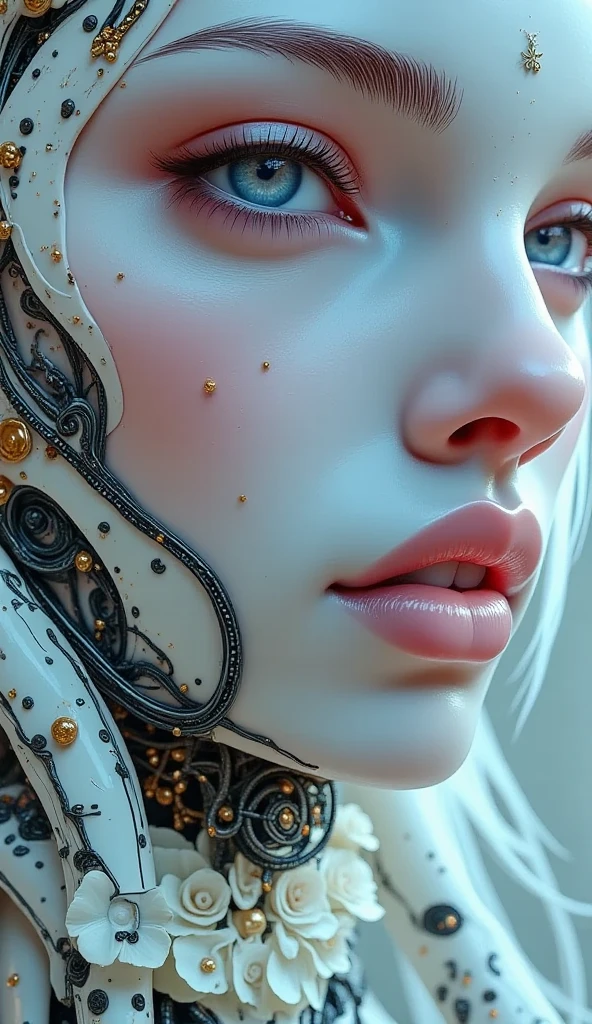 (white android with super beautiful female body, afro hair, robot face, flowers, symmetry, perfect face, intricate, elegant, highly detailed, digital painting, artstation, concept art, smooth, sharp focus, illustration, art by artgerm and greg rutkowski and alphonse mucha, 8 k