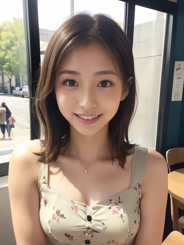 A beautiful Japanese shy girl, 18 years old, brown hair, brown big eyes, shiny lip, shiny hair, ecstatic expression, in cafe, in front of huge window, light shine in, The background is very blurry, wearing Floral Grommet Eyelet Tie Front Sleeveless Corset Pleated Cami Mini Dress, wearing neckless,