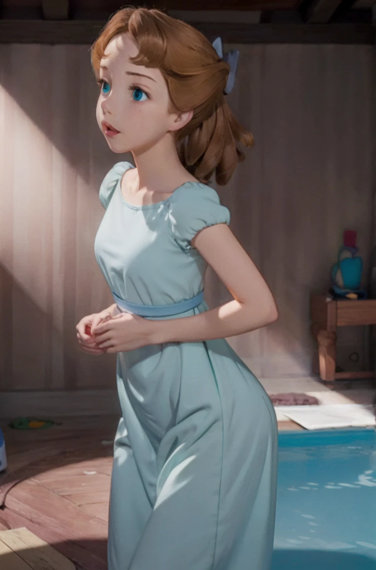 (masterpiece:1.4), (best qualit:1.4), (high resolution:1.4), teenage wendy darling, bow, blue nightgown, round breasts