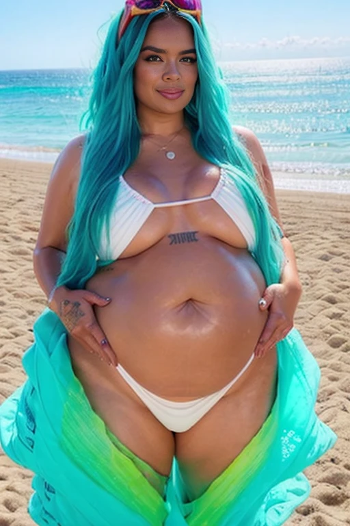 Sexy Cute Latina woman, ((Karol G Face)), green hair, long hair, long hair, tanned skin, white bikini, very defined curves, perfect waist of a woman and has a large bust, and wide hips, is on the beach, pregnant belly, pregnant, chubby belly, fat belly, vore belly