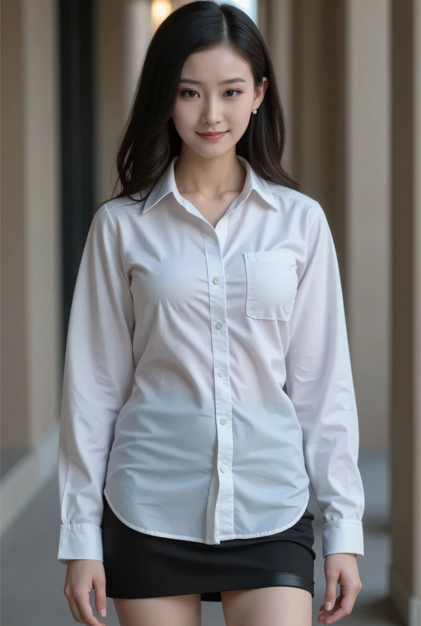 Full body photo of an Asian beauty, wearing Loose large white shirt and a black skirt ， black long hair curled up in the back, a sweet smile, delicate skin texture, natural makeup, professional photography, soft lighting, high definition, full body perspective, elegant posture, and a charming demeanor. The subject appears to be posing alone, in the described.