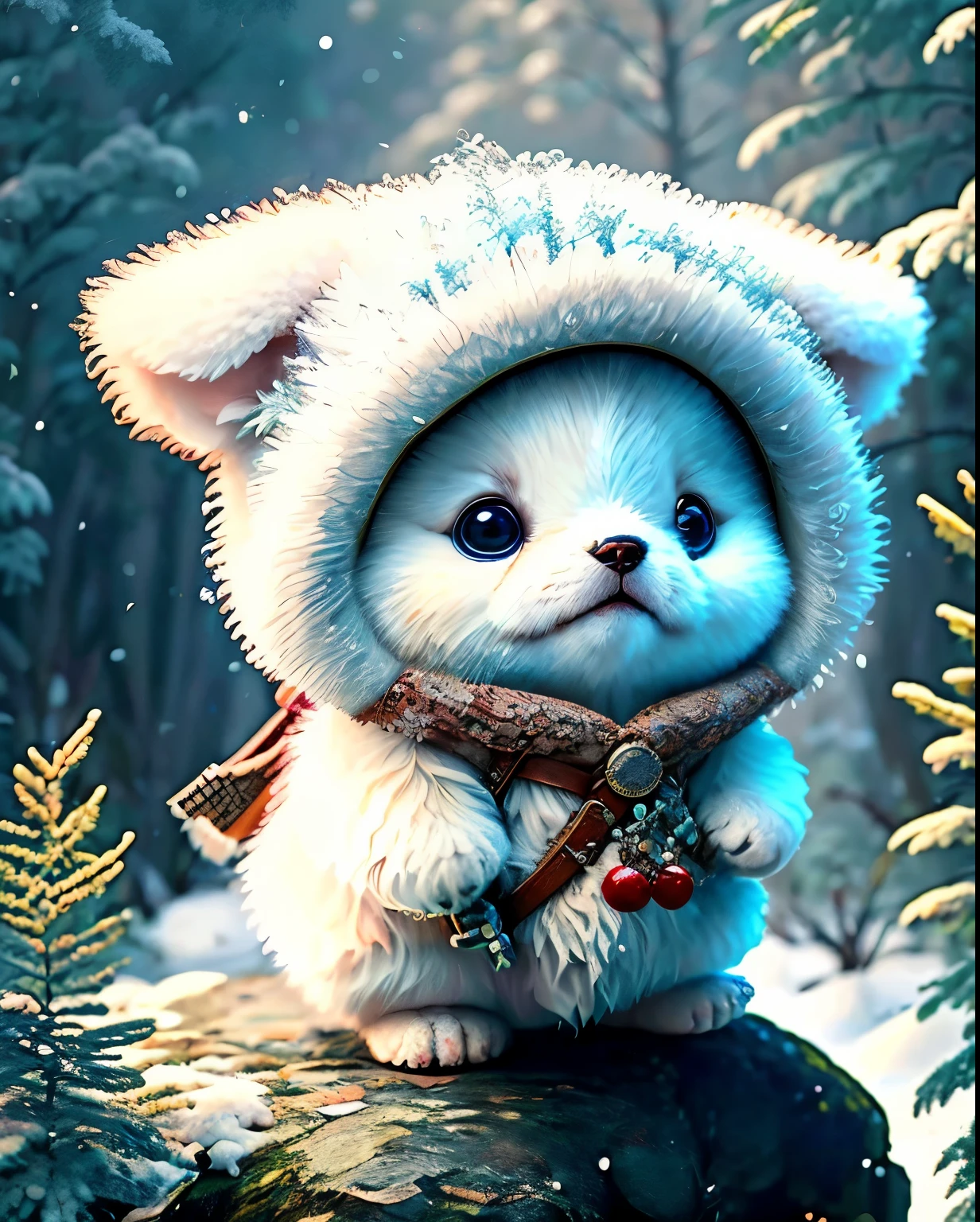 Highest quality、" 森のcute生き物、White Dog、（Location: Forest ）,The season is winter、  detailed , In 8K、Highest quality、Dressed as an adventurer、  holding an axe in his hand、 medieval adventurer costume  、(((cute)))、