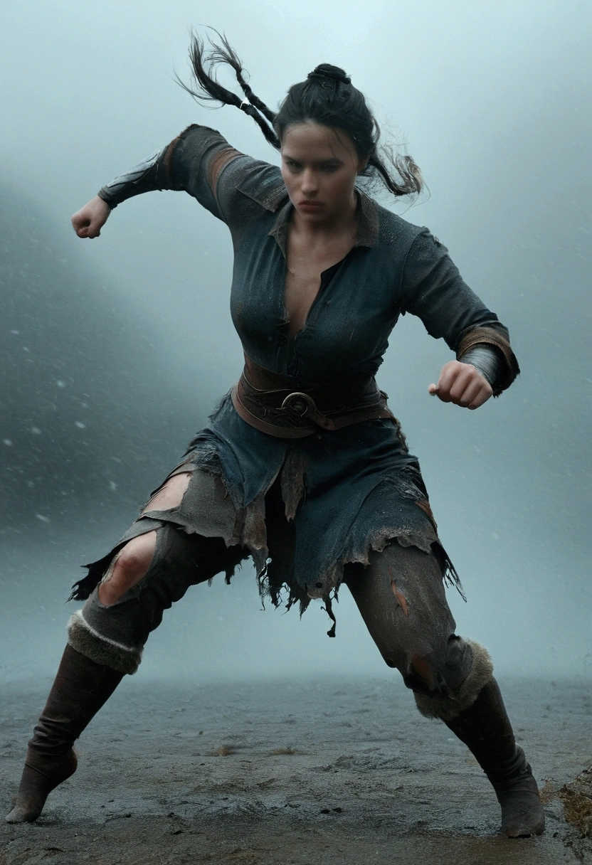 VikingPunkAI, (best quality, photorealistic, hyper realistic, masterpiece:1.3), 1girl, danish, looking down, long black hair in 1 three-strand braid, solo, (full body:0.6), detailed background, wrathful expression, fighting stance, dynamic pose, dark ages, norse theme, norse mythology, viking age, pagan, nordic medieval norse ravager, simple muted dark blue studded leather battle-tunic, torn clothes, ripped clothes, visivle breast, medium breast revealed, winter, snow, breath visible, bloodthirsty, blood soaked, dark storm clouds, cinematic scene composition, , madmax,
