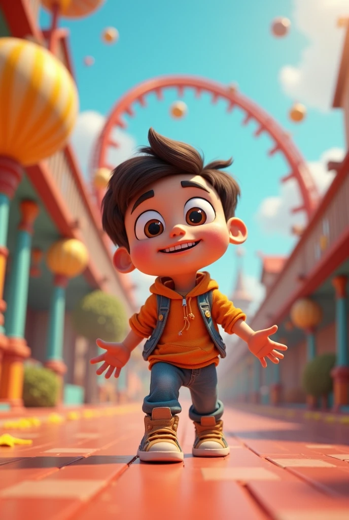 3D Animation、 boy who came down from a roller coaster、 his eyes are spinning and wobbling 、There are swirls in his eyes 、Surrealism、Comical scene、Funny scenes、16K Quality