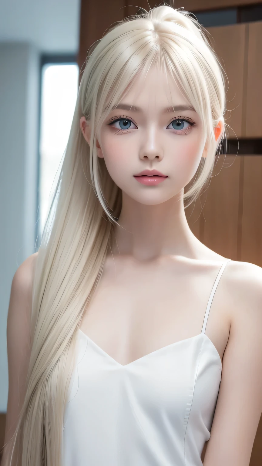  platinum blonde hair is super long, straight, stringy hair、Polate、School uniform、Bright expression、 ponytail、 young, white and shiny skin 、Great looks、Shiny bright hair、Shiny, beautiful bangs、double eyelid、Eyeliner、 clear, big blue eyes ，It shines with enchanting light 、Small Face、 very nice cute cute 18 year old Eastern European girl 、 big bust