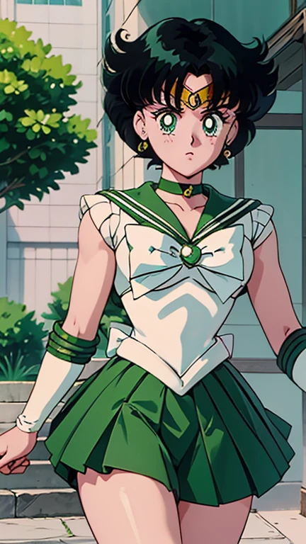 (1girl, Alone, Buttercup), (extremely detailed CG unit 8k wallpaper),(master part), (best quality), (ultra detail), (Sailor Moon (1992 Anime) (Style)), anime screencap, retro artstyle, anime coloring, traditional media, cowboy shot, (Sharp eyeliner, ombre, detailed eyes:1), japanese garden, outdoors background, ,break,  (sailor senshi uniform), upper body, black hair, green eyes, short hair, messy hair, white shirt, green skirt 