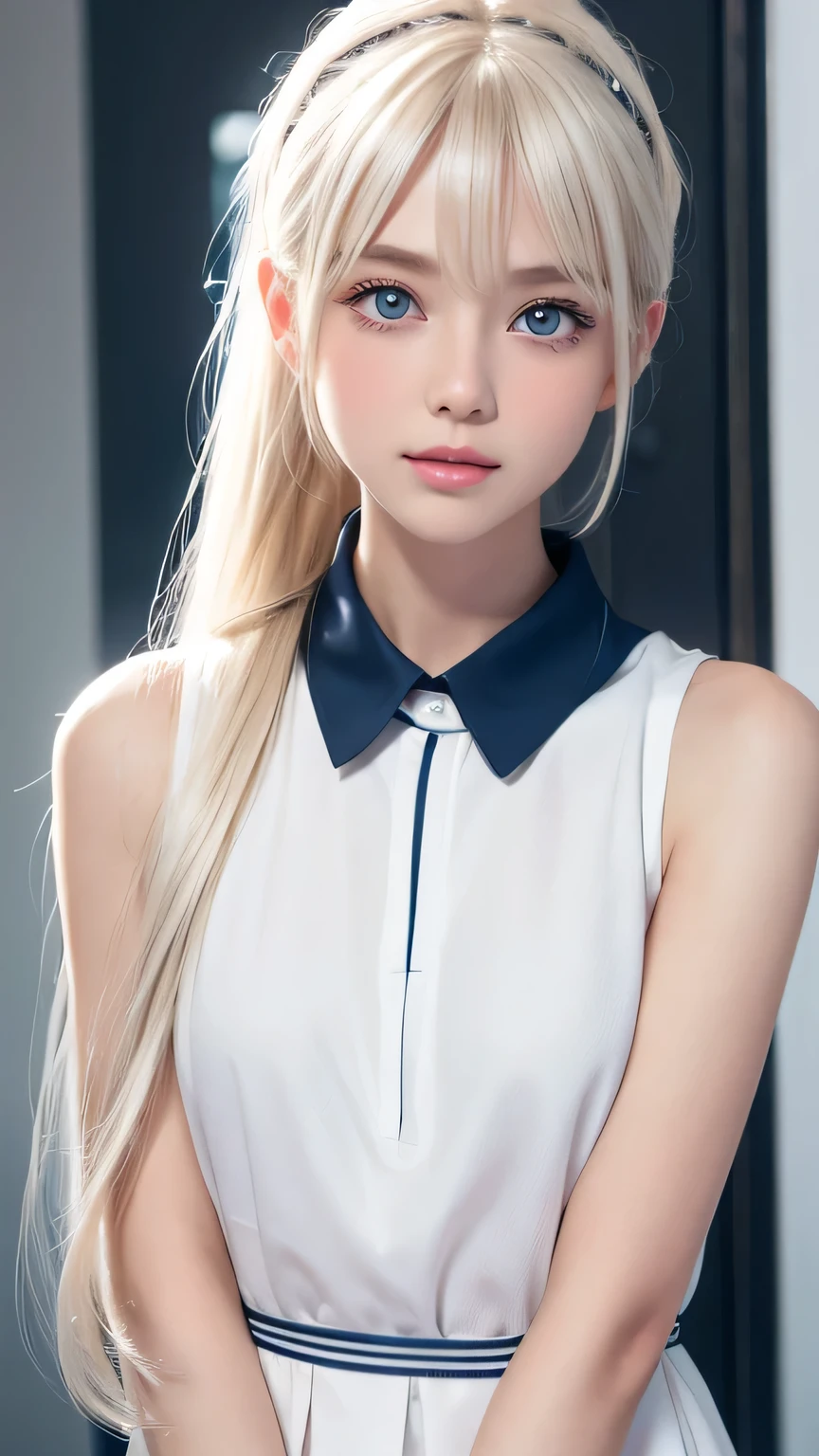  platinum blonde hair is super long, straight, stringy hair、Polate、School uniform、Bright expression、 ponytail、 young, white and shiny skin 、Great looks、Shiny bright hair、Shiny, beautiful bangs、double eyelid、Eyeliner、 clear, big blue eyes ，It shines with enchanting light 、Small Face、 very nice cute cute 18 year old Eastern European girl 、 big bust