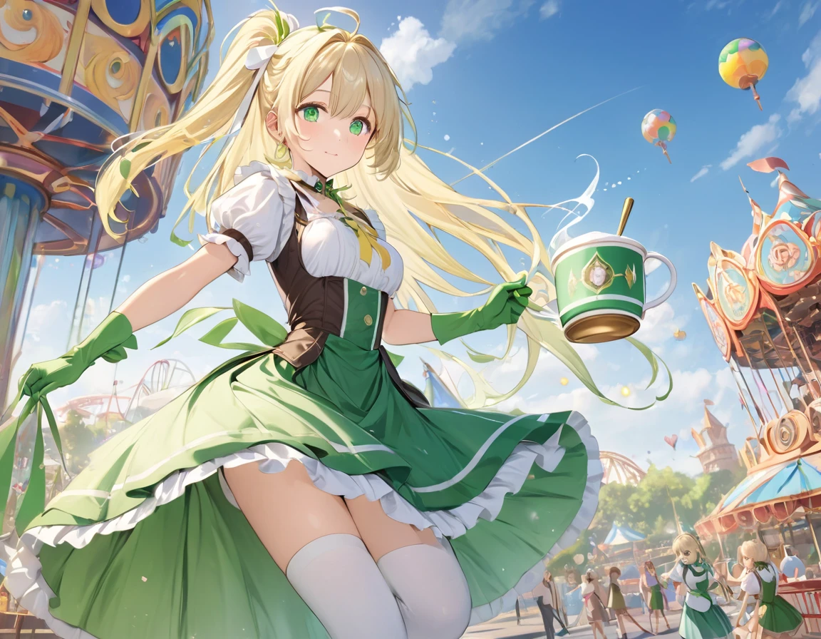 Please redeem、Brown maid outfit,Strap Pumps,Low heels,One Girl, Alone,amusement park,((Ride on a spinning coffee cup,It's spinning a lot))Unity 8K Wallpapers、32K、masterpiece、 very detailed、Ultra-high resolution、 very detailedな顔、RAW Photos、professional、Ultra-fine painting、Magical Fairy Swordsman Leafa、Blonde Long Hair、White hair ribbon、green eyes、Green magical girl costume、Blonde ponytail、White hair ribbon、Yellow ribbon with a large emerald brooch、White pleated skirt with green lines、Green and yellow long gloves、Green thigh-high stiletto heel boots with gold molding、