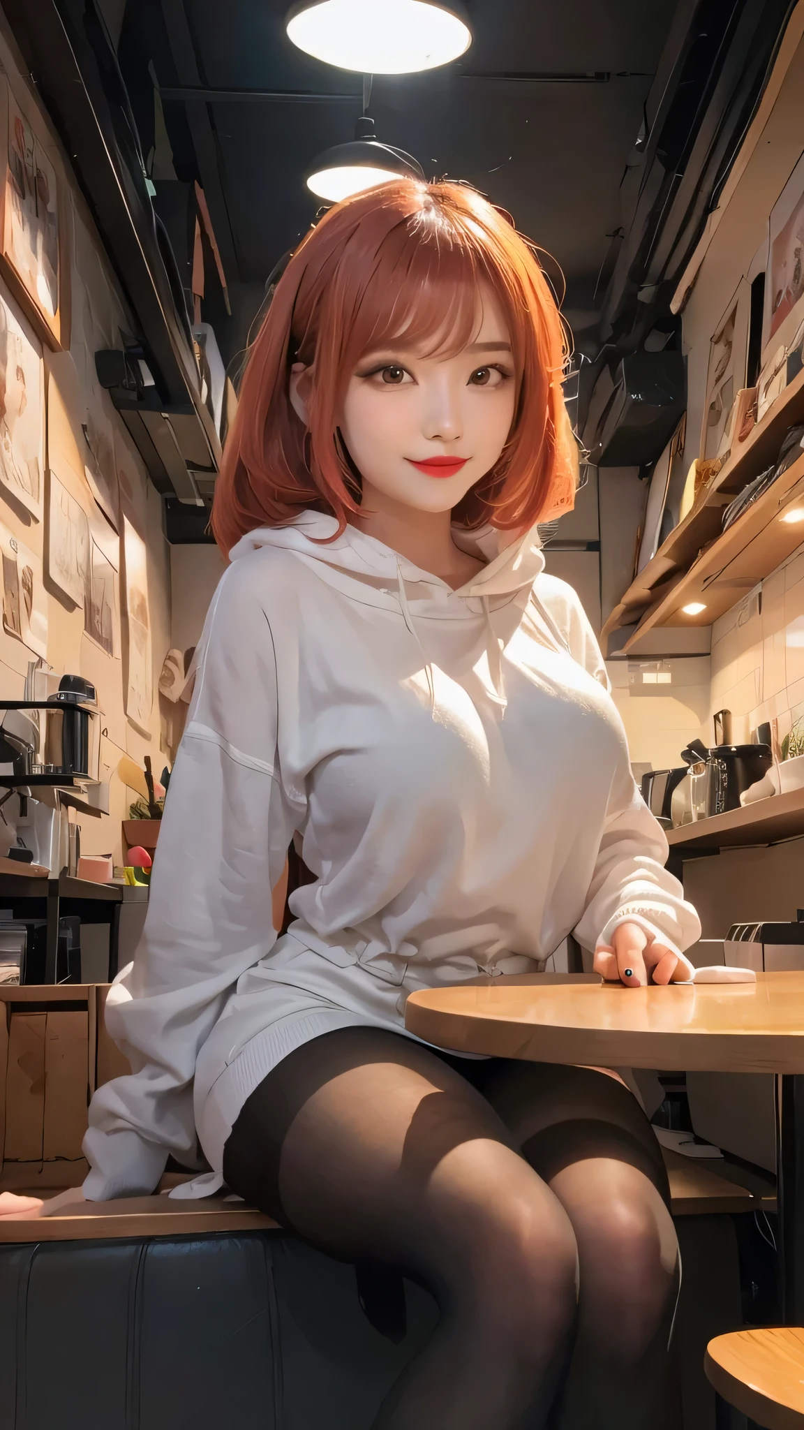 1 white girl, redhead, up hairstyle, Streaks of hair on the face, red eyes, mascara, oversized hoodie, abdomen, hot pants, tights, laced tights, bags under eyes, sitting, coffee shop, Ground Angle Shots, Viewer Looking Up, feet in tights, saggy breasts, impact, Raw photo, 8K, masterpiece、My abs are cracked、Smart but slim muscular body、smile