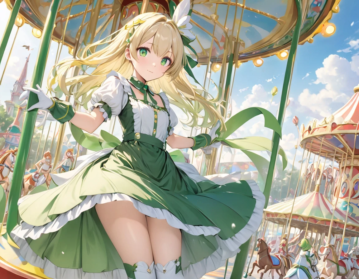 Please redeem、Brown maid outfit,Strap Pumps,Low heels,One Girl, Alone,amusement park,((Spin and ride the merry-go-round ,It's spinning a lot))Unity 8K Wallpapers、32K、masterpiece、 very detailed、Ultra-high resolution、 very detailedな顔、RAW Photos、professional、Ultra-fine painting、Magical Fairy Swordsman Leafa、Blonde Long Hair、White hair ribbon、green eyes、Green magical girl costume、Blonde ponytail、White hair ribbon、Yellow ribbon with a large emerald brooch、White pleated skirt with green lines、Green and yellow long gloves、 green thigh-high stiletto heel boots with gold molding、