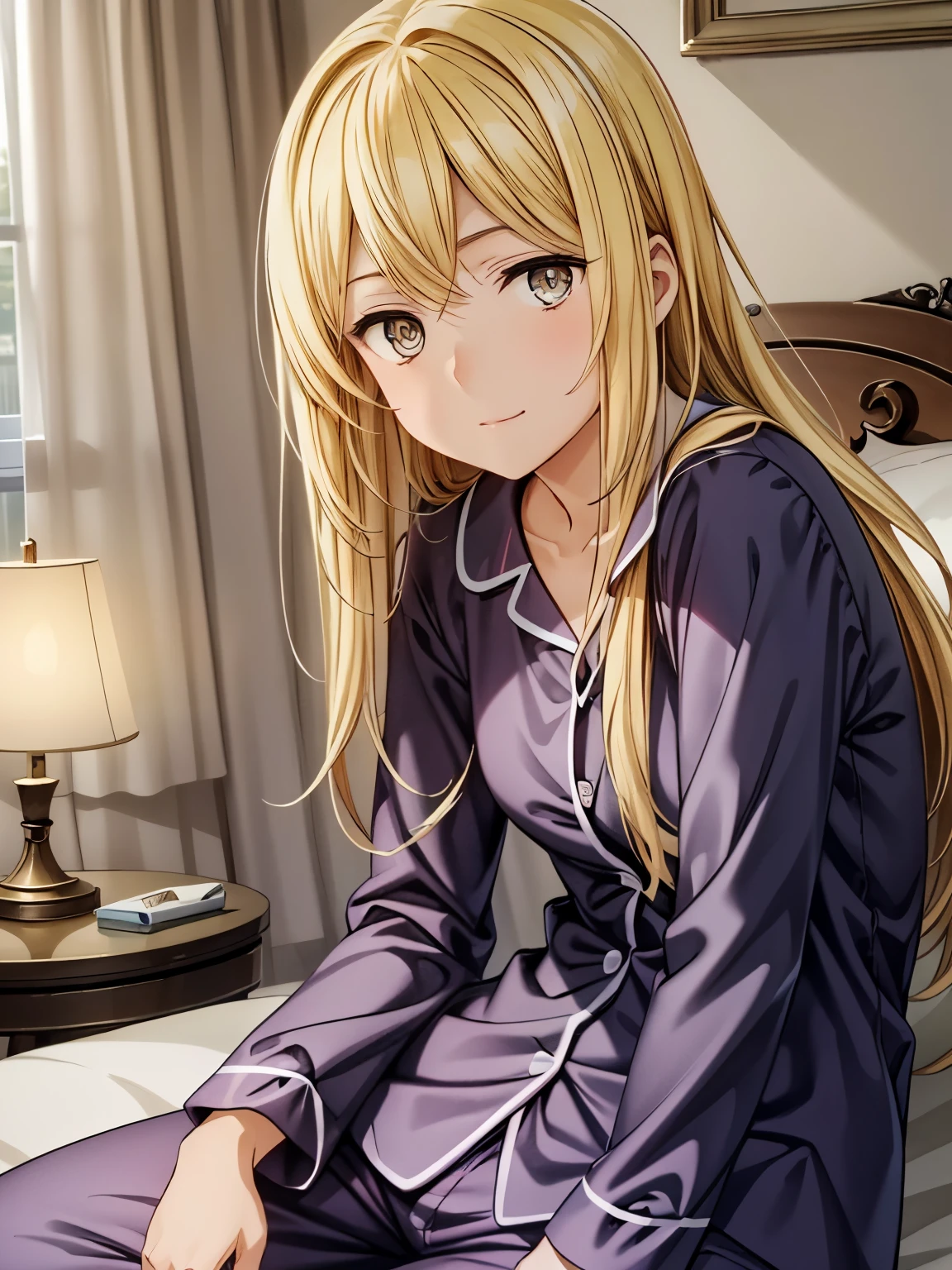 (masterpiece、Best Quality、detailed)、People Girl、solo、Ais Wallenstein、indoor、bet、( anime illustration style :1.3)、Golden Hair、Long Straight, 黄色いAttractive eyes、Attractive eyes、Closed Mouth、smile、Long Hair、Attractive eyes、Sleeping、Half asleep、(pants、In pajamas:1.3),In pajamas、Sharp pupils、High resolution、 super fine painting,、(非常にdetailed、color、Sparkle)、(Genuine、Real、Realistic:1.3)、 High resolution、超High resolution