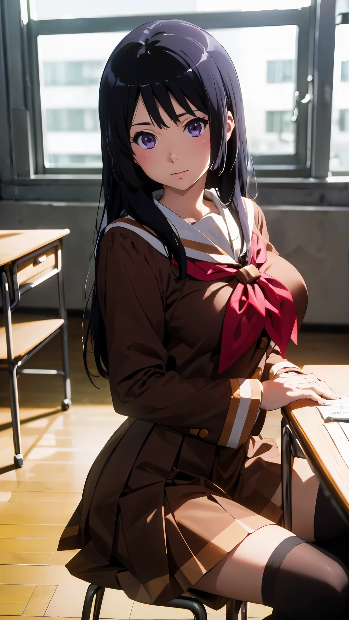 (最High image quality, 8k, High image quality, high detail,masterpiece:1.2)、(Reina Kousaka,summer uniform),Eye light、((Perfect hands、Perfect Fingers、Perfect Anatomy))、Shining Eyes、Alone、1 girl、(from the front:1.2)、(Looking at the viewer), flat color、anime、animeカラーリング、(In the classroom of the school:1.3),Kitauji High School uniform、Reina Kosaka、Kitauji High School uniform、 (Long Hair,Red neckerchief, Brown shirt, Long sleeve,(KousakaWinter , long hair, school uniform, brown skirt, brown shirt, long sleeves, black thighhighs, sailor collar, red neckerchief,winter uniform)、( viewers、Blur the background:1.3)、Subject in front、Detailed skin、(( The image placed in the center :1.5)),（Big Breasts、Thighs、smile)、((sitting backwards))