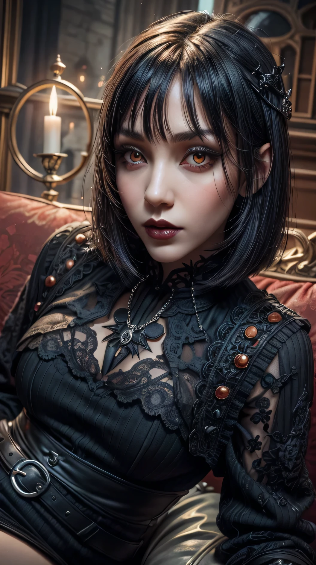 there is a woman sitting on a couch with a cell phone, profile image, profile pic, she has black hair with bangs, profile photo, blunt bangs fall on her forehead, black haired girl wearing hoodie, short black hair with bangs, black bob hair, taken in the early 2020s, black bob haircut, black bob cut hair, with short hair(masterpiece),(vampire),(unrivalled quality:1.4), ultra-high resolution,hyperrealistic, dark fantasy portrait, (sharp focus:1.1), photo of a vampire,gothic horror vibes, Guweiz-style art, dark fantasy mixed with realism, gothic aesthetic, gothic art style,HalloweenGlowStyle,red eyes,black lips,bats, gothic architectural style, full moon, moonlight,clean face