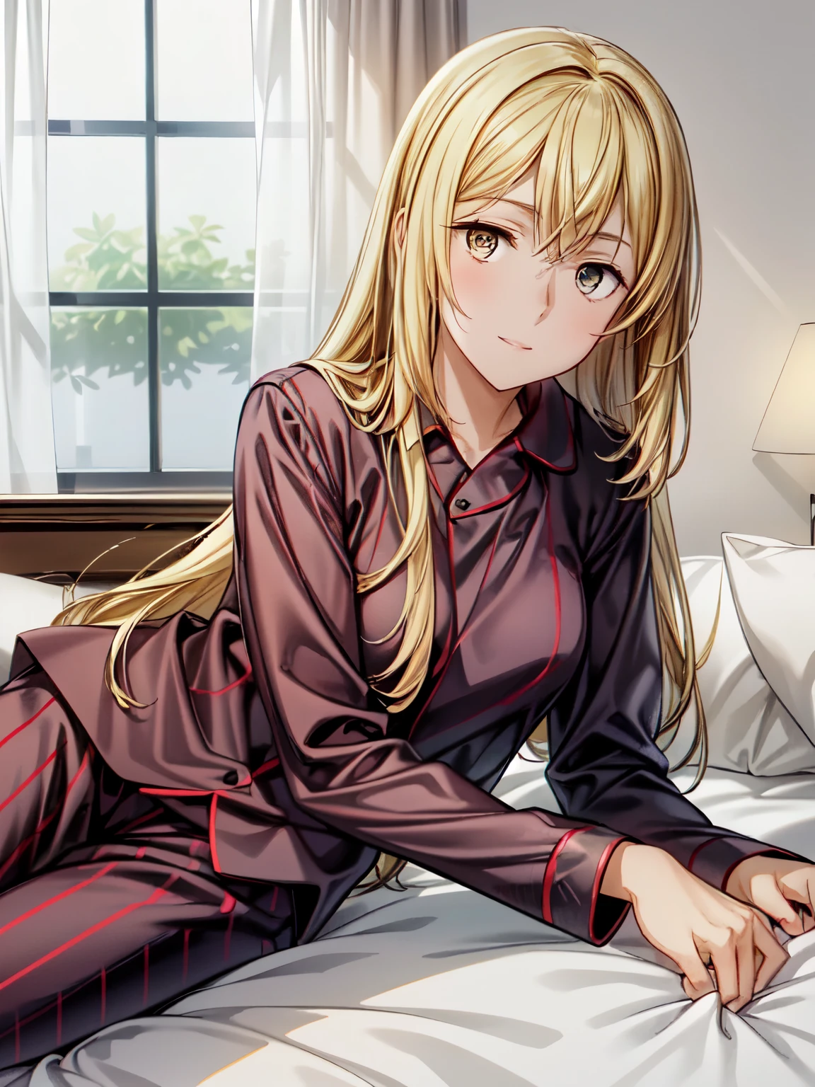 (masterpiece、Best Quality、detailed)、People Girl、solo、Ais Wallenstein、indoor、bet、( anime illustration style :1.3)、Golden Hair、Long Straight, 黄色いAttractive eyes、Attractive eyes、Closed Mouth、smile、Long Hair、Attractive eyes、Lying down to sleep、Half asleep、(pants、In pajamas:1.3),In pajamas、Sharp pupils、High resolution、 super fine painting,、(非常にdetailed、color、Sparkle)、(Genuine、Real、Realistic:1.3)、 High resolution、超High resolution