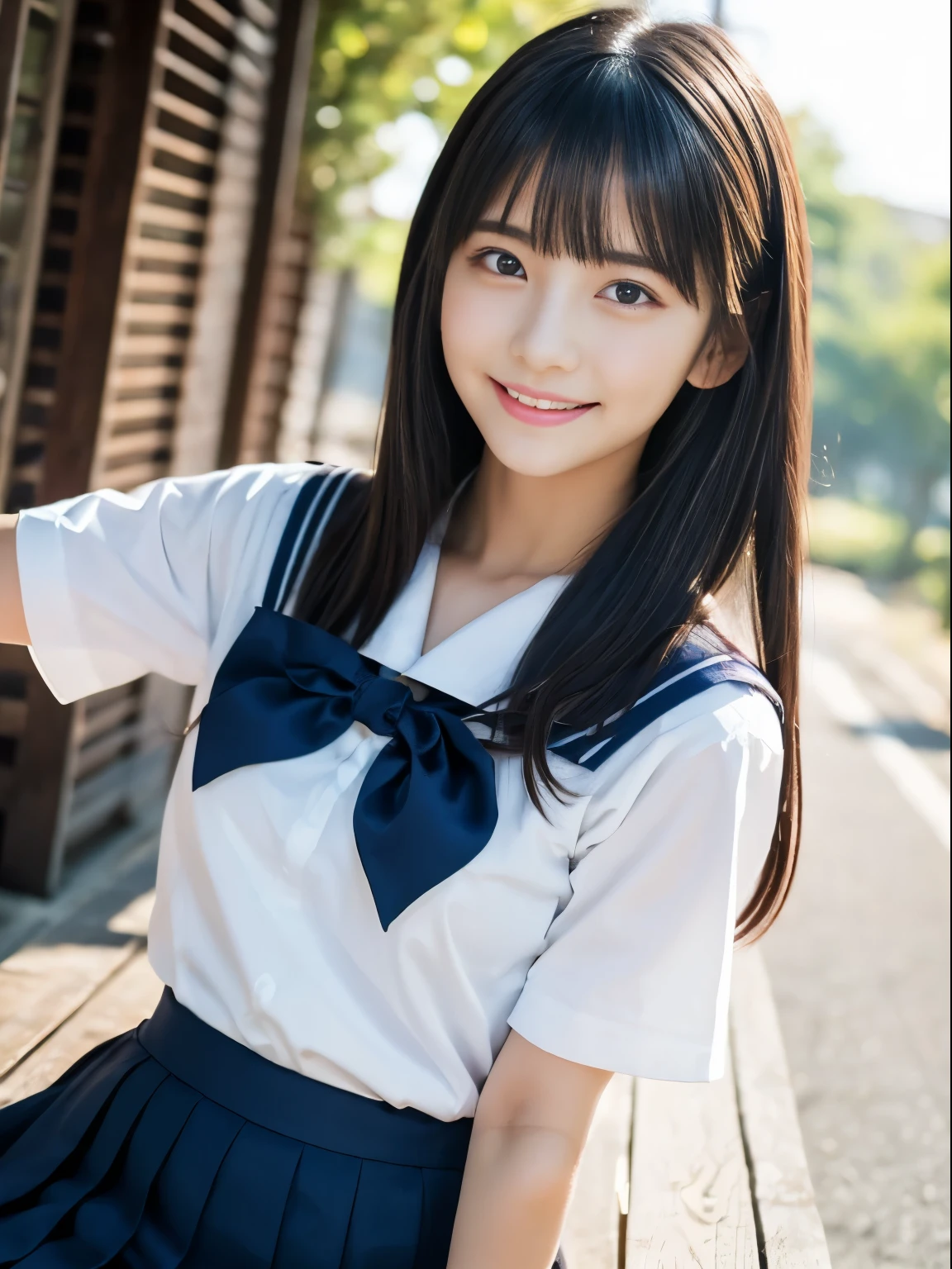 (masterpiece, best quality:1.2), 1girl, Alone, cute, ( super cute idol-like face :1.2)、Beautiful Japanese Girls、18 years old, Large eyes with double eyelids, (Sailor school uniform,  navy blue pleated skirt:1.2), smile, Highly detailed faceと肌の質感、Sophistication、Highly detailed face、beautiful girl、Black Hair, Medium Hair、With bangs、 cute girl 、最高級のbeautiful girl、Shining Eyes、 smile, , Model Diagram, (No Lips , No makeup:1.2), ( upper body portrait )