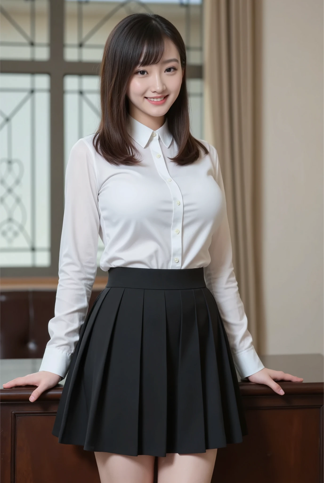 1girl, solo, long hair, looking at viewer, smile, skirt, brown hair, shirt, long sleeves, brown eyes, standing, white shirt, ponytail, indoors, black skirt, window, realistic