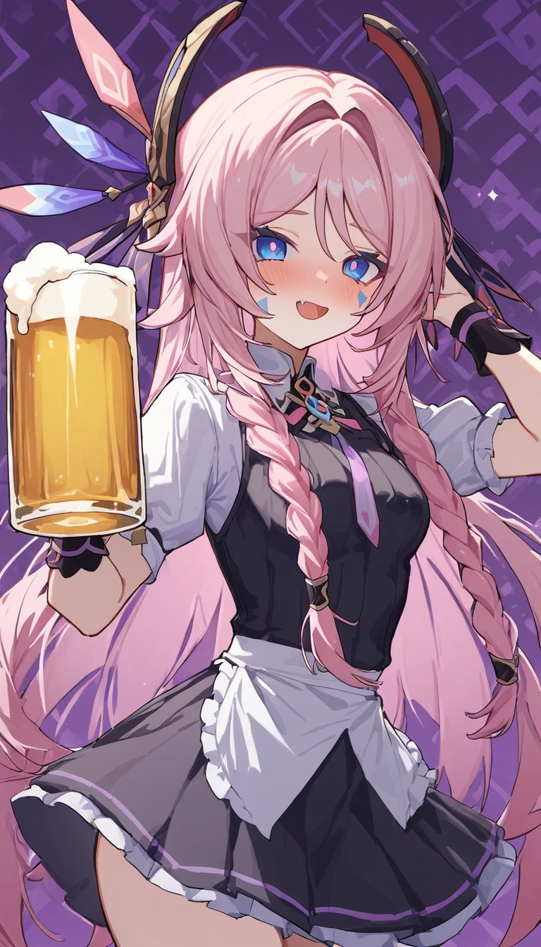 citlali ,シトラリ(genshin impact),1girl,cowboy shot,drunk,holding beer glass,waitress,pink hair, parted bangs, very long hair, hair down,braids,(facial Mark), blue eyes,(pink pupils),Genshin Impact Style, AddXL,beautiful detailed, hyper detail, masterpiece, best quality, bright,citlali,purple Geometric background