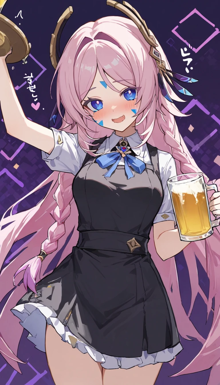 citlali ,シトラリ(genshin impact),1girl,cowboy shot,drunk,holding beer glass,waitress,pink hair, parted bangs, very long hair, hair down,braids,(facial Mark), blue eyes,(pink pupils),Genshin Impact Style, AddXL,beautiful detailed, hyper detail, masterpiece, best quality, bright,citlali,purple Geometric background