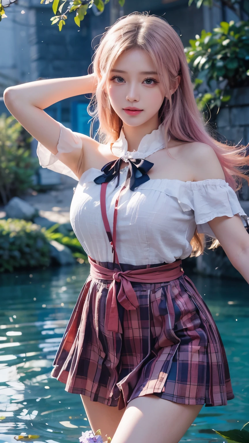 Top-quality Realistic,Official art,Highly detailed CG Unity 8k wallpaper,ultra-detailliert,hight resolution,Physically-based rendering,Magnificat,finely detail,masterpiece,Best Quality,ultra detailed,Mature beauty,Beautiful women,1girl,moist lips,sexy lips,Sexy smile,Gentle smile, 20 years old, Beautiful bare skin,pink hair:1.8,,Smooth bare skin, big well-shaped breasts,beautiful Mature body,swept bangs,(Medium hair:1.3), beautiful detailed eyes,model shoot style,Japanese Idol,Full-body,((Hydrangea blooming on the slope behind the alley )),BREAK,(Linen off-shoulder summer dress:1.3),(wide brimmed straw hat),Walking model pose,Delicately expressed eyes,cute smile,shoot from above,(Walking on back alley path), outstretched hand, ((Extreme close-up)),(Purple, pink, blue, white, colorful hydrangeas)