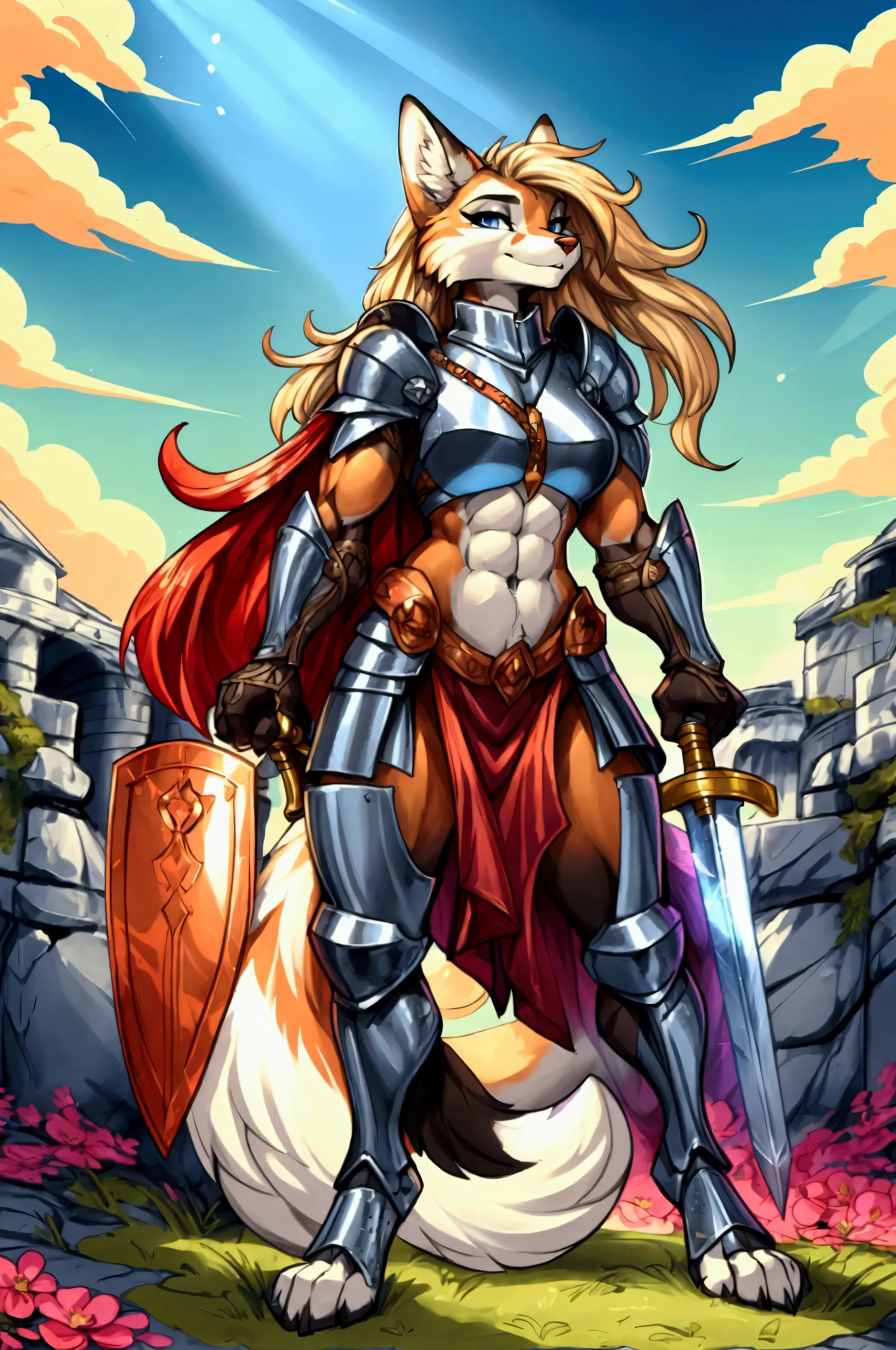 Anthropomorphic fox, female, knight armor, long flowing flowery hair, heroic pose, wielding a sword and a shield, vibrant colors, fantasy battlefield background, muscular, well-toned abs, sexy