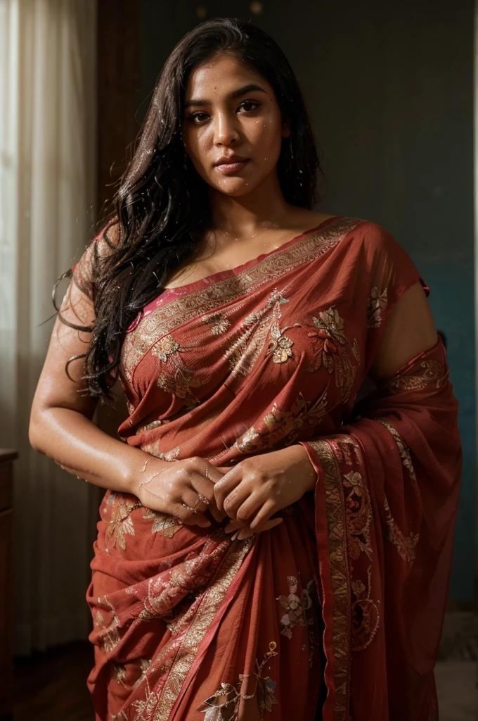 a hot sexy beautiful busty big-breasted traditional bangladeshi bengali hijabi muslim milf covering her head with hijab, wearing saree and a waist chain around her belly, navel visible, intricate detailed portrait, photorealistic, 8k, high quality, vibrant colors, dramatic lighting, cinematic composition