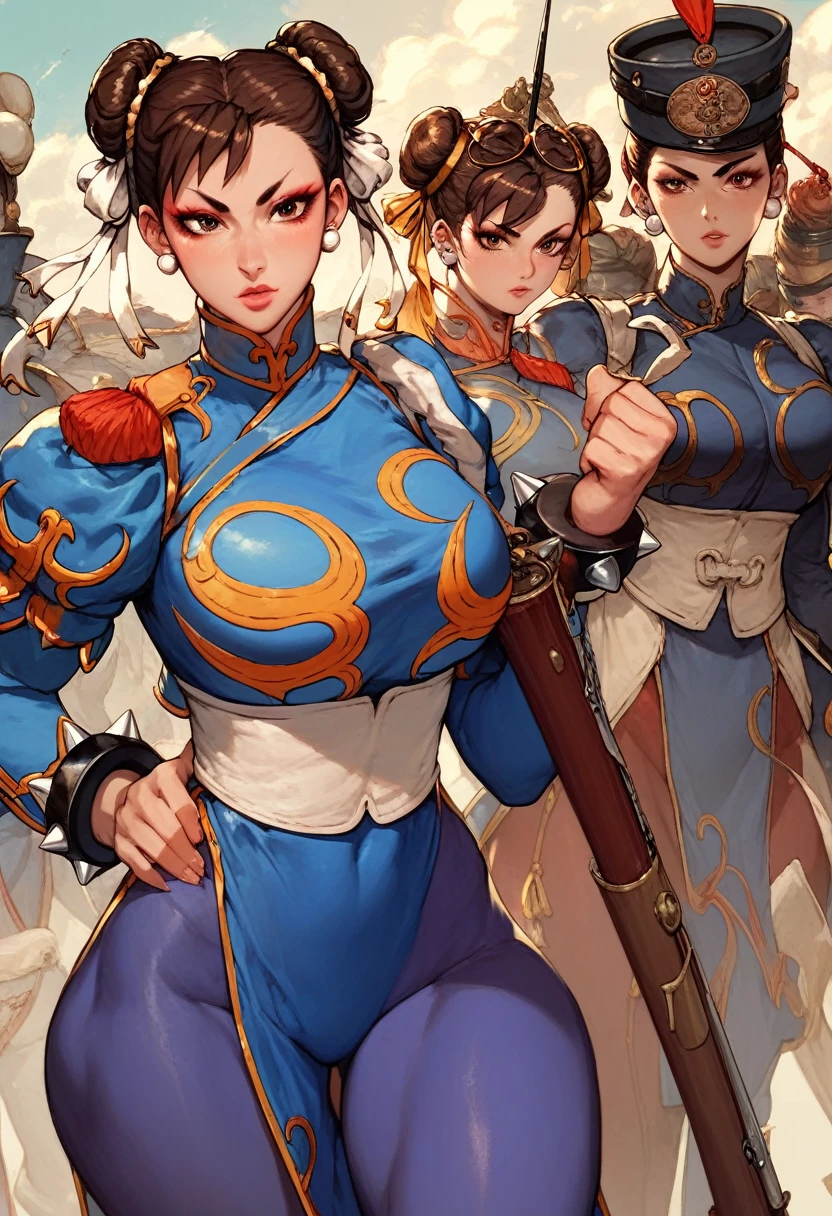 A woman, smooth skin, white skin, big eyes, long eyelashes , small torso, Wide hips, ( The best quality ),  masterpiece,  brown hair, chun li, Milf, mature woman, (Early Modern Soldier ) , ( she's wearing a military general's uniform), (She is wearing a bicorn hat), (ultra high Bloom), (High quality Shaders), (shadows), (Ultra shadow quality), (She's on the streets of London in 1850 ) 