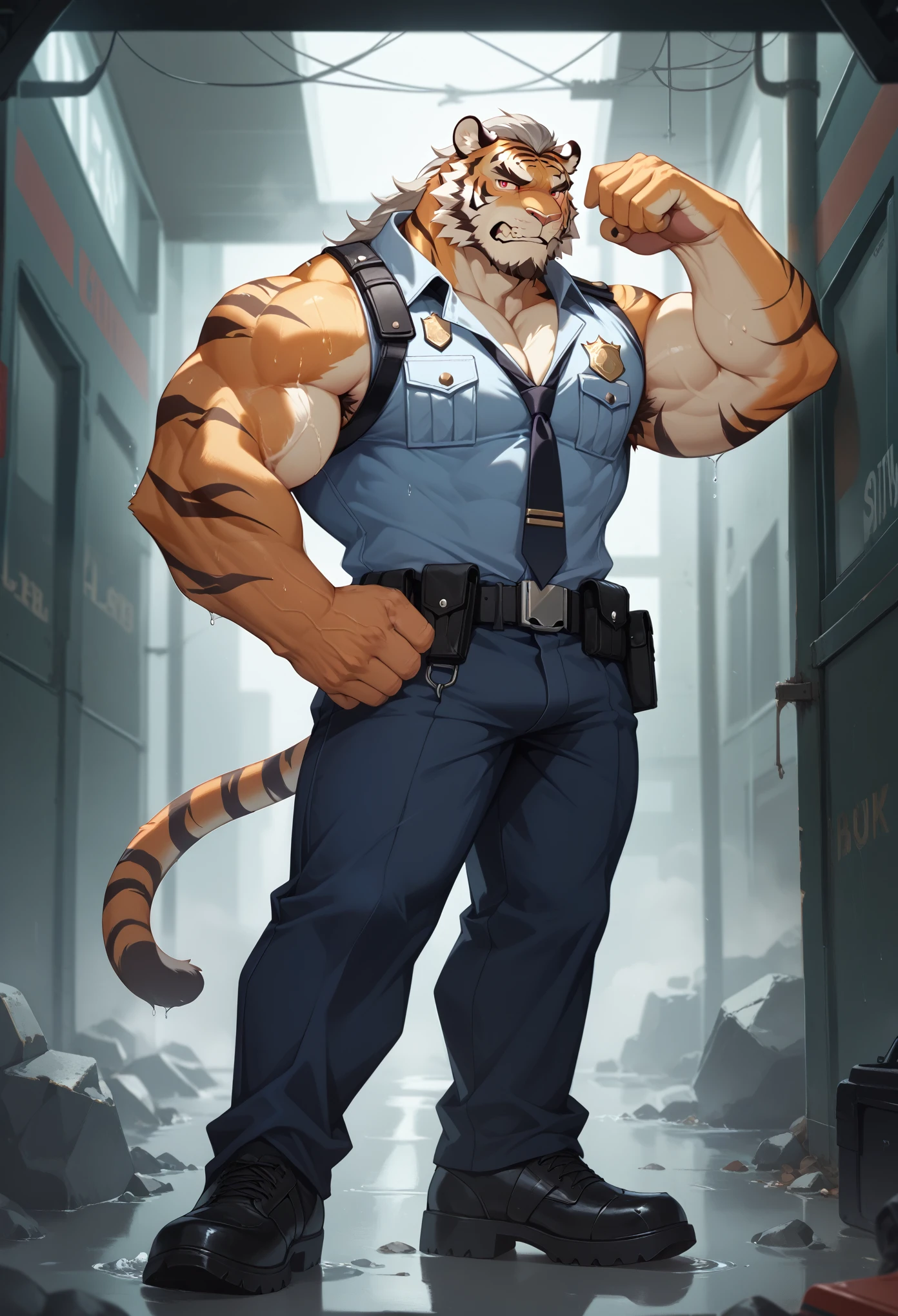 Best quality, masterpiece,ultra high res,detailed background,realistic, real shadow and light,depth of field, looking at the viewer, strong arm and veins, Close up, there is a man with tiger ears, that is standing at police station , commission for high res, bare chest, unbutton shirt, anthropomorphic, muscular chest, highly detailed full body, strong and imposing, detailed full body, muscular character, extra detailed body, macho pose, body detailed, (looking form beside), wet body, sweaty, short gray hair, beard, Ranger uniform, huge crotch, light brown Ranger, show armpit, body hair, angry face, red eyes, standing in front of station. Khaki Pants, Police equipments, bare chest, male nipples, older, elder, beard.