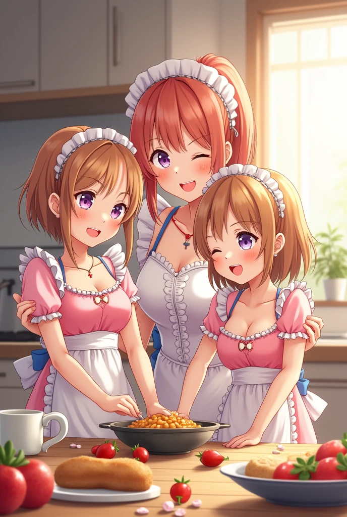multitple thick body females in the kitchen wearing long transparent floral yellow dress open in middle show panties and rolled up top exposing red detailed lace pattern bra (show full red lace pattern panties under skirt), (show bare breast and nipples hanging out of transparent bra), nsfw, brightly lit kitchen