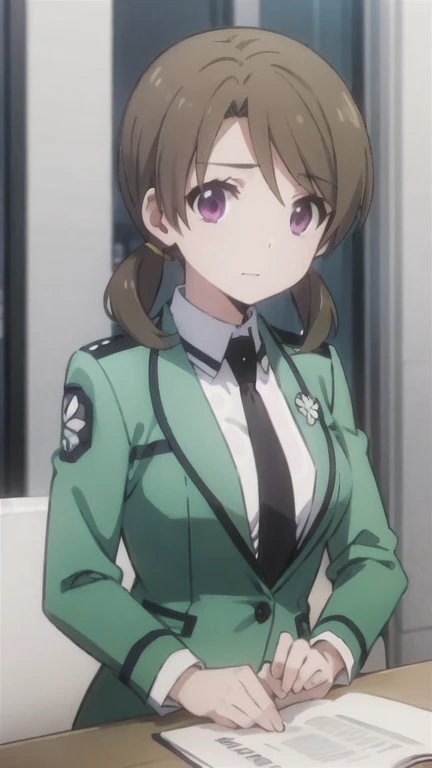 best quality, ultra fine, BREAK, (honoka mitsui:1.0), (green uniform:1.1), necktie,