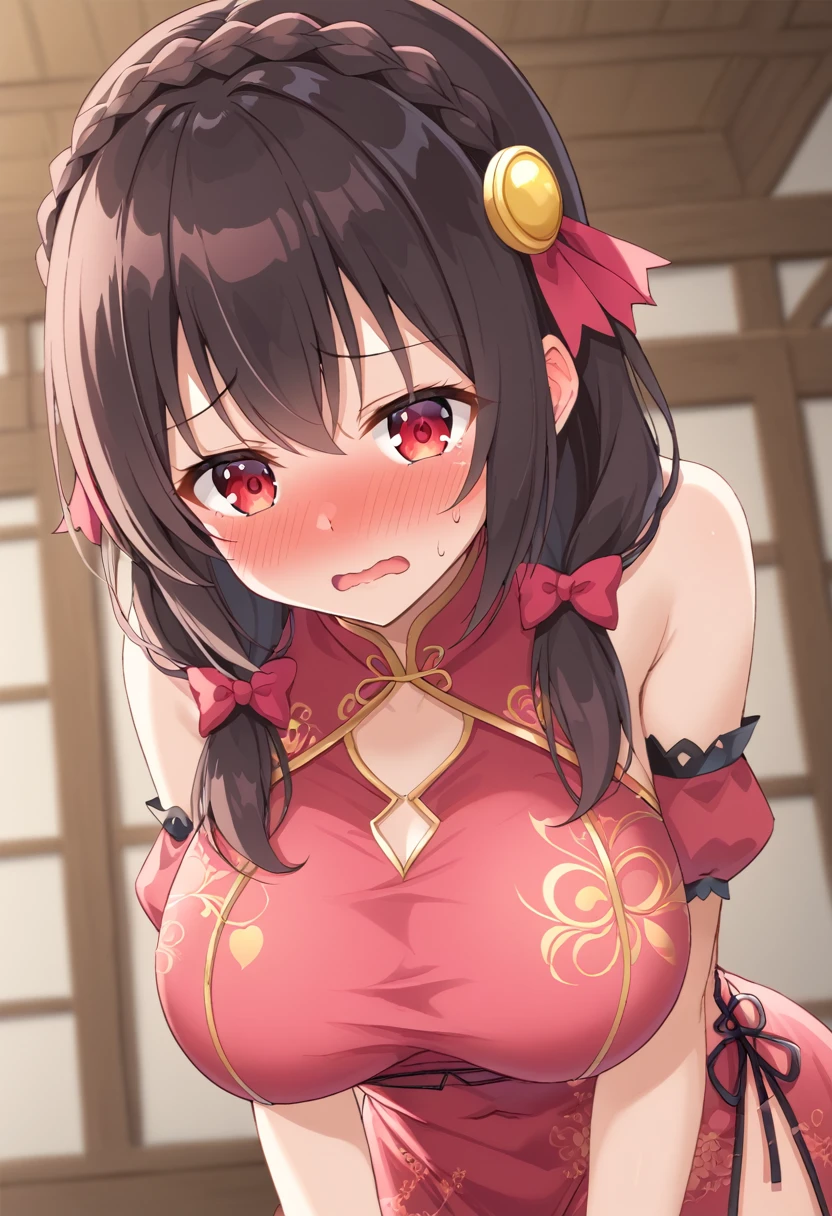 yunyun、masterpiece,Best Quality, High resolution,One person, Yunyun、名前はYunyun, Crown braids in the same color as your hair, Black Hair、Red eyes、 hair accessories, Hair Ribbon, Red Chinese Dress, (She has big breasts)、( embarrassed look:1.4)、(blush:1.4)、indoor、♥、heart、( is opening its mouth)、Leaning forward、(View from below)、Focus on the chest、(upper body:1.2)