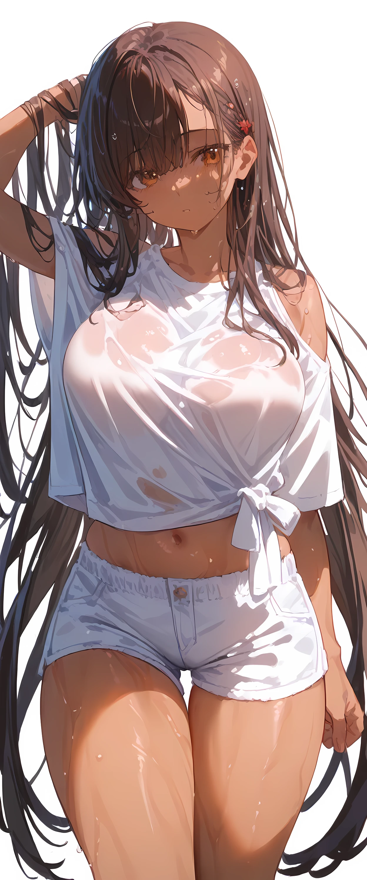 ((White background))( High Resolution masterpiece, 超High resolution, high detailed, High resolutionモデル, Best Quality:1.2)Adult women,Brown skin,Oily, Sweaty skin,  Highlight Color Hairstyle ,Inner Color, Bobbed bangs, wet hair , Diagonal bangs, Cookhold Subjective(masterpiece:1.5), Super detaileded, High resolution, 8k, Beautiful Shining,detailed, 1 cute girl, Very long hair, adult woman with long straight hair and dark red shiny hair, Shorts, Shining, firm thighs　Thigh Coordination 
