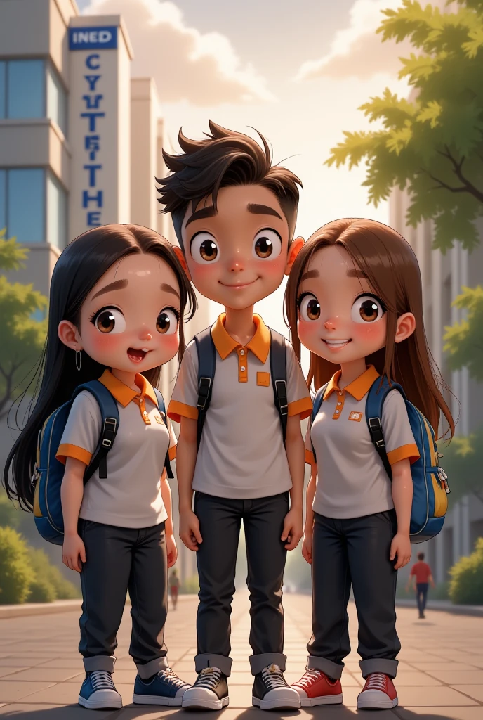 A vibrant Pixar-style poster featuring several young students, most likely Latino teenagers, with a bright and curious expression, dressed in black pants and a light grey polo shirt with a distinctive orange collar and sleeves, standing confidently in front of the "INED" institute, carrying modern educational backpacks and colorful study tools, with a subtle touch of warm lighting, which casts a soft glow on the student's soft, pink skin and focuses attention on their bright, inquisitive brown eyes.