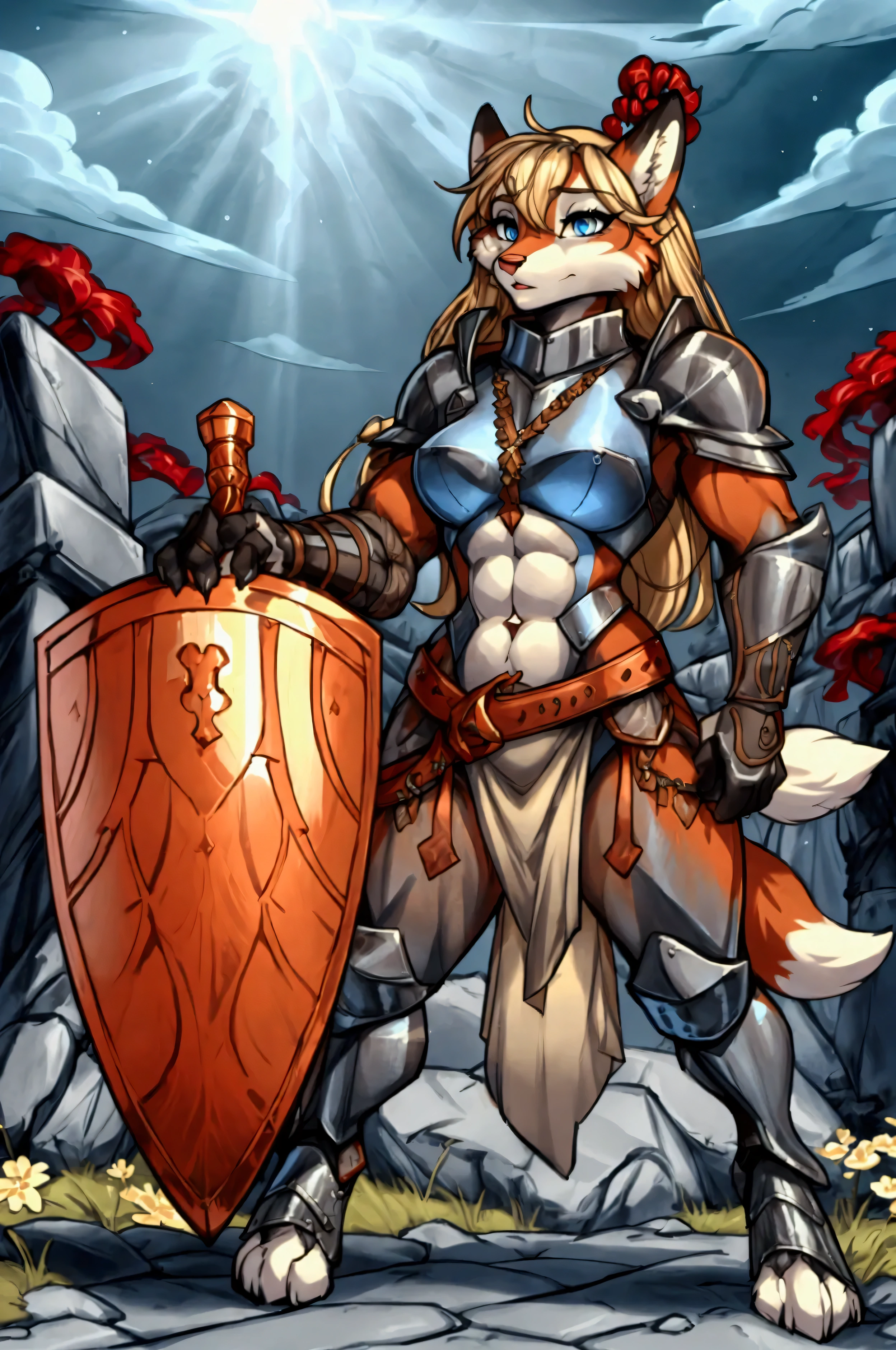 Anthropomorphic fox, female, knight armor, long flowing flowery braided blonde hair, combat, wielding a sword in one hand and a shield in the other hand, vibrant colors, fantasy battlefield background, muscular, well-toned abs, sexy