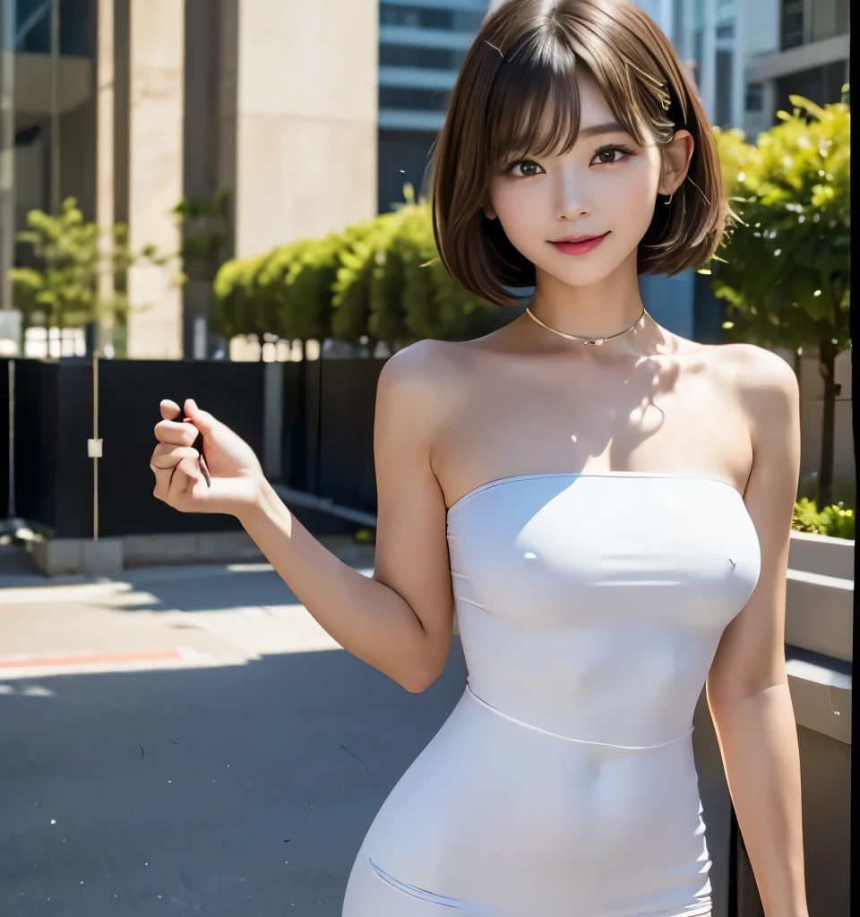 Best Quality、8k、Ultra-high resolution、Clear Photo、  professional lighting、( cute girl 、beautiful girl、Cute Yoda Yuki、   The Cutest in the World )、baby face、Small Face、Round face、Round eyes、(  Very Short Hair  :1.6)、smile、(Good size breasts、Obese:1.8、fat:1.6、Plump body:1.6、Thick waist)、Large erect nipples:1.4、Standing at an intersection、Wait for the signal、(Wearing a white tube top mini dress:1.6、Tight Dress)、Full body images