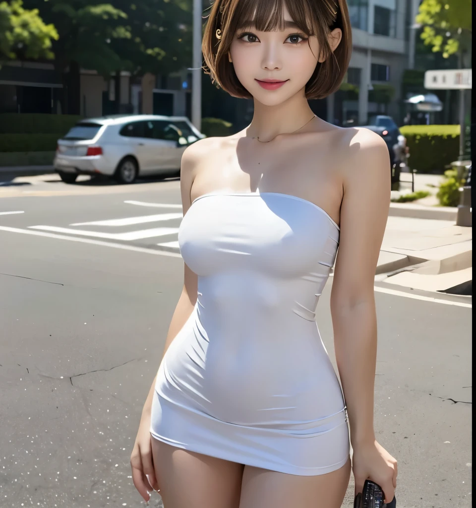 Best Quality、8k、Ultra-high resolution、Clear Photo、  professional lighting、( cute girl 、beautiful girl、Cute Yoda Yuki、   The Cutest in the World )、baby face、Small Face、Round face、Round eyes、(  Very Short Hair  :1.6)、smile、(Good size breasts、Obese:1.8、fat:1.6、Plump body:1.6、Thick waist)、Large erect nipples:1.4、Standing at an intersection、Wait for the signal、(Wearing a white tube top mini dress:1.6、Tight Dress)、Full body images