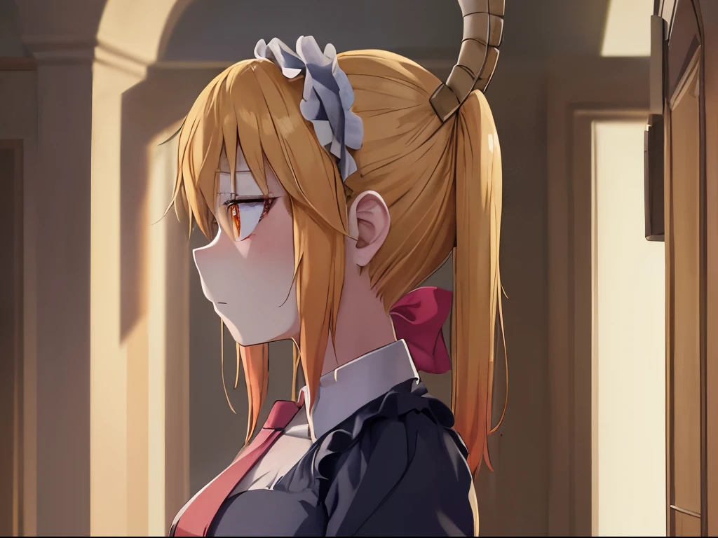 (portrait), 1 girl, Dragon girl, housemaid cap, Red tie,  arms behind the head, tohru, Bright, dragon tail, ponytails, Blonde hair,  Looking at the spectator, Alone, standing, sexy clothes,