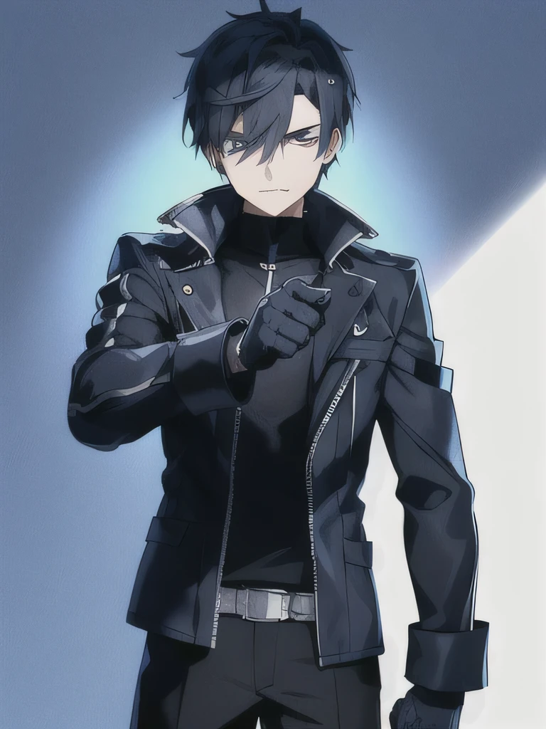 1 teenage boy,  with a decisive posture and a serious expression .  Your skin should be pale and your eyes a deep blue ,  conveying determination and anger .  Dress the character in a tight black motorcycle jacket , and gloves with distressed blue details that contrast with the rest of his dark outfit. In his right hand, you must hold a firearm , A gun, pointing forward, with confidence. The background must be completely black,  using pronounced shadows to highlight his figure ,  giving him a mysterious and powerful aura 