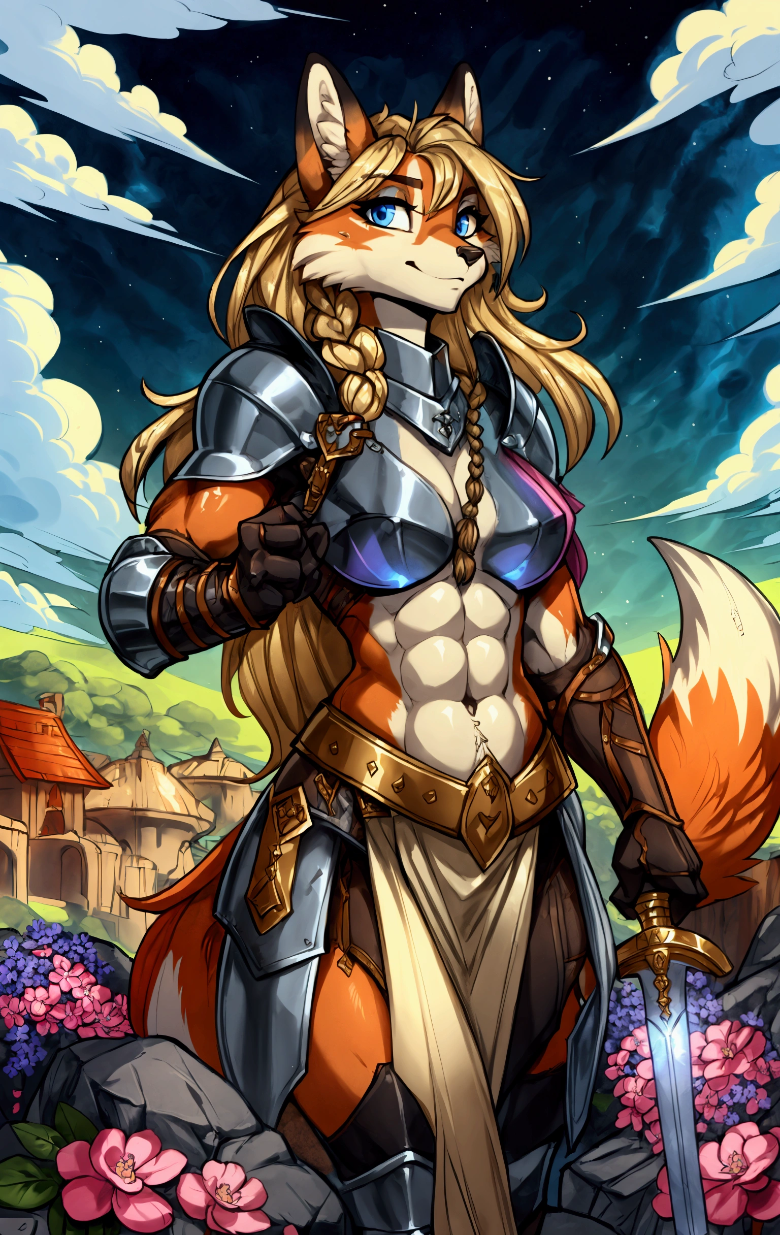 Anthropomorphic fox, female, knight armor, long flowing flowery braided blonde hair, combat, wielding a sword in one hand and a shield in the other hand, vibrant colors, fantasy battlefield background, muscular, well-toned abs, sexy