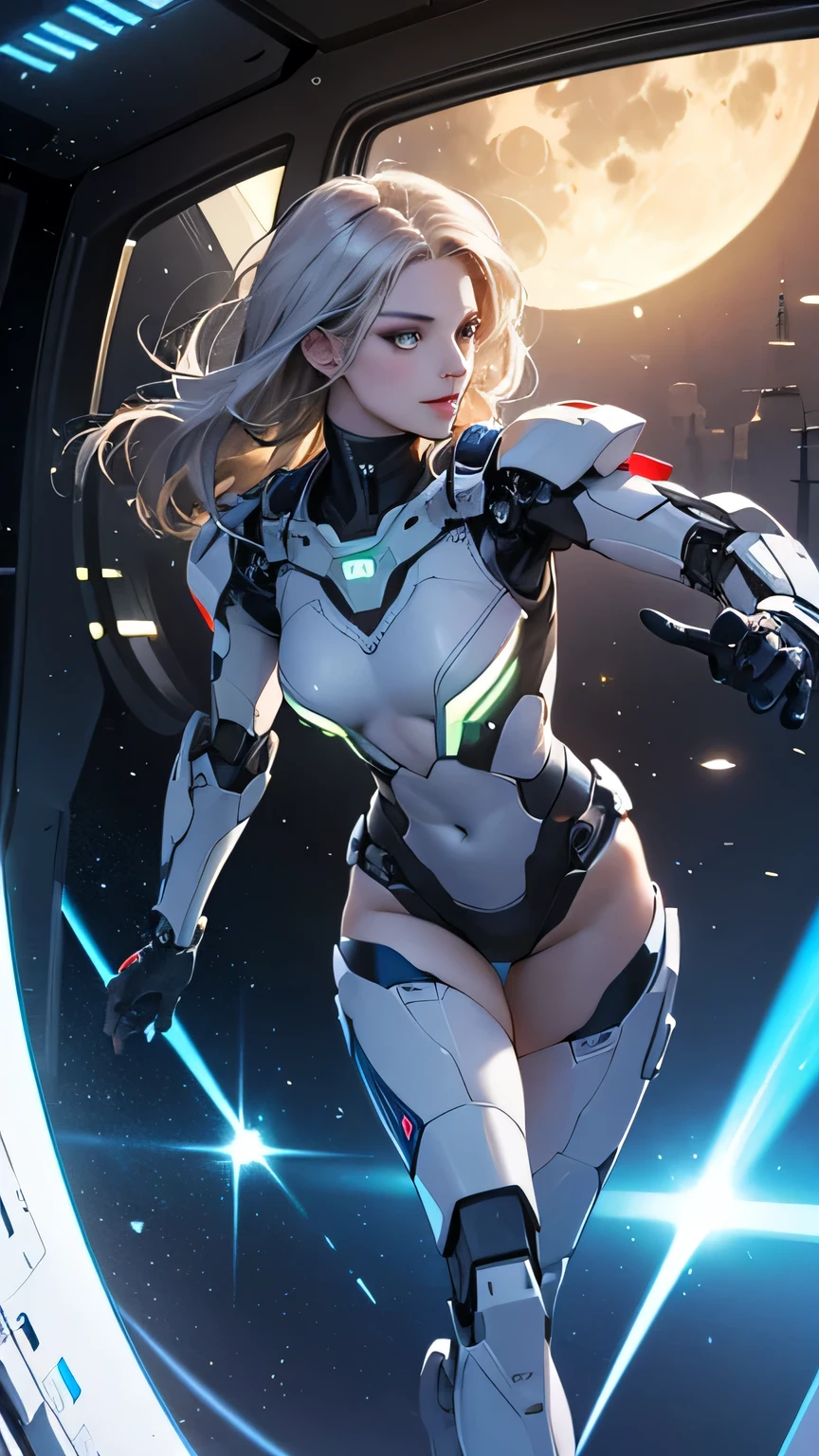 Generate a female warrior in a battle fighting with a futuristic battle suit. . Battle suit showing naked and part of naked pussy 