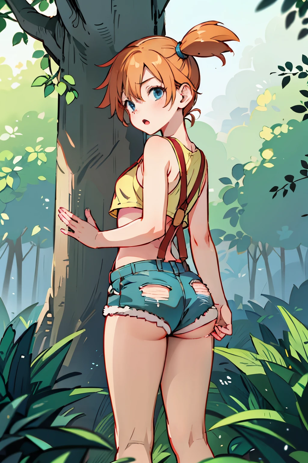 Misty from Pokemon, 1 girl,Alone,g-string denim short shorts, surprised expression, clavicle ,no shirt, red suspenders,looking back at the viewer,outside,depth of field, leaning against tree, legs, cameltoe, playful, Masterpiece, Best Quality, absurdities, high resolution, 4k, ray tracing, intricate details, Very detailed, (1 girl:Perfect face, beautiful, small breasts, small) Highqlb:perfect mouth, makeup screenshot, perfect jaw, good fortune hing 